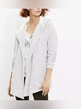 LOFT Light Gray Hooded Open Front Cardigan Cozy Knit Sweater XS